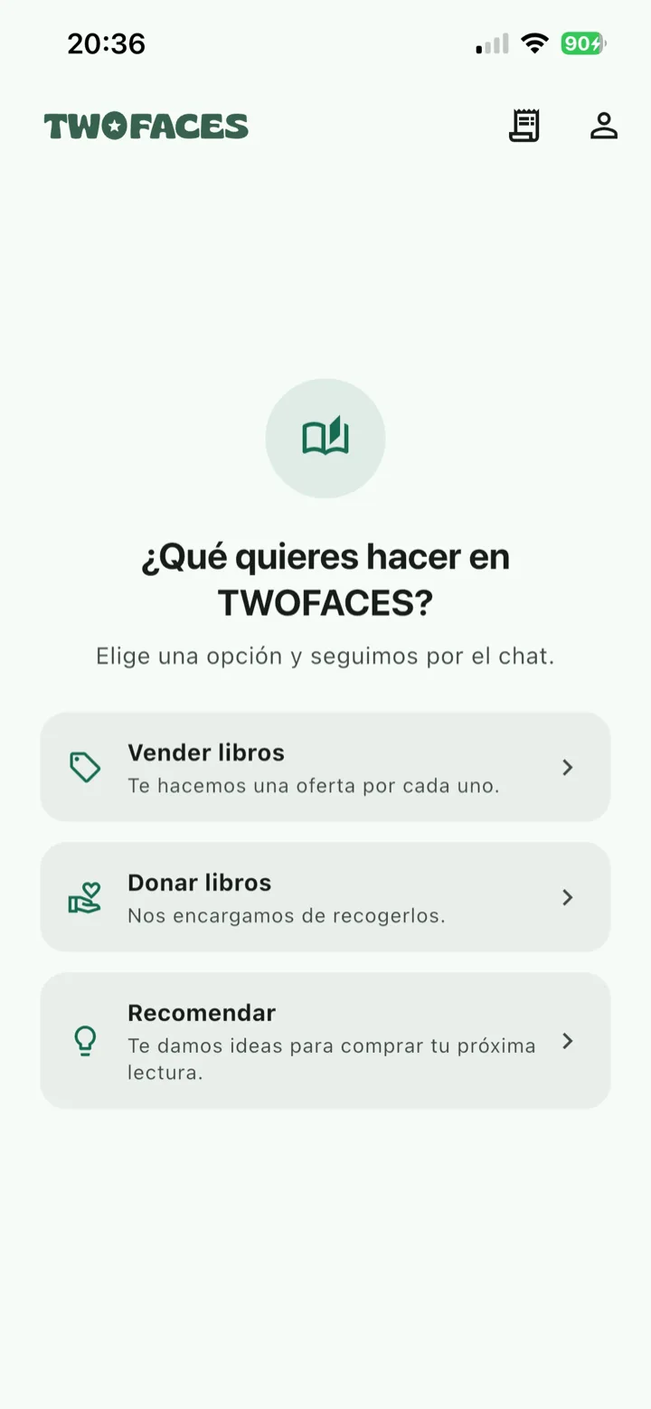 Pantalla de la app para elegir entre vender, donar o recomendar libros.