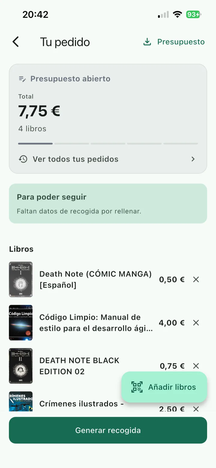 Pantalla de un pedido con cuatro libros y el precio que se paga por cada uno.